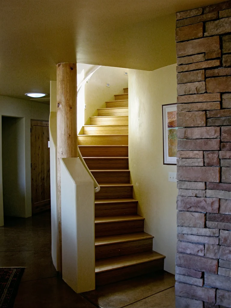 Wood stairway with curved railing beside a natural log post and stacked-stone wall.