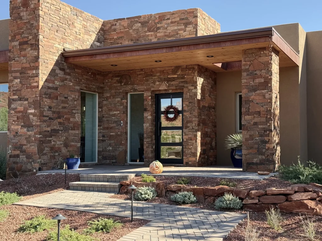 Front entry of modern desert home with stacked-stone columns, metal canopy, and paver walkway through xeriscaped yard.