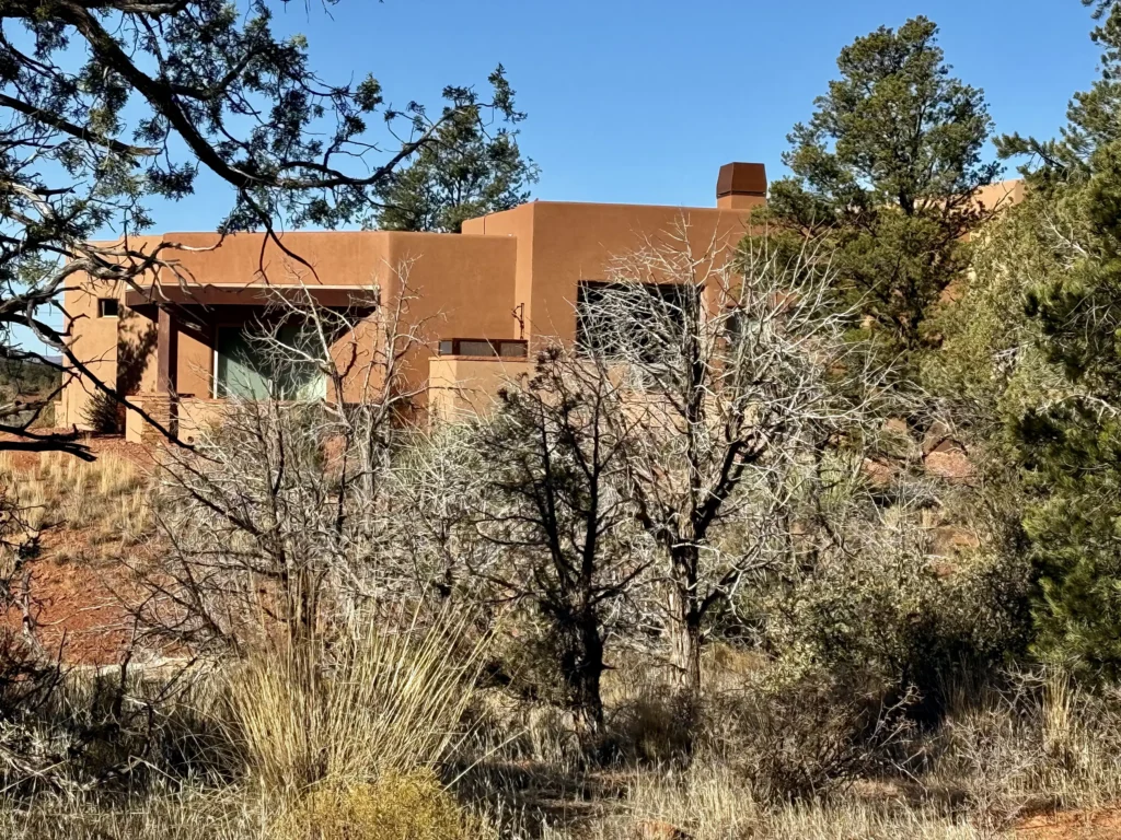 Beautiful home partially hidden among trees and natural desert vegetation.